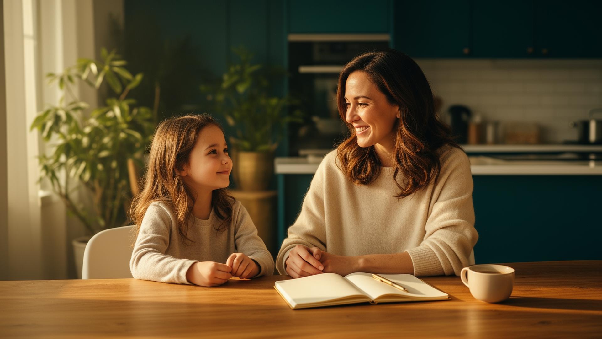 Une maman solo et sa fille, complices au petit-déjeuner, journal et tasse de café sur la table